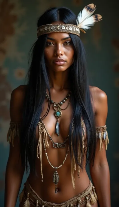 full body shot, realistic photo of beutifull young woman (native american) with long straight black hair, dark skin, medium naked bust, nipples covered by hair, scantily clad, feathers, hair ornament, jewelry, necklace, tribal, headdress, armlet, facepaint...