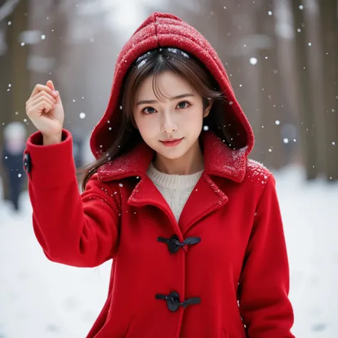 ((UHD , ultra detailed, high quality)),A  photo of a cute East-Asian woman dancing joyfully in the snow, with snowflakes gently falling on her head. A bright red duffle coat with toggle buttons, worn with the hood up, covering her head. The bold red coat c...