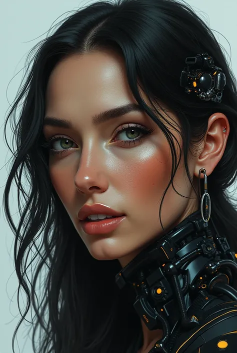 Detailed portrait cyberpunk (femme sks) (40 year old femme sks), vêtements réfléchissants au néon futuriste, science-fiction, pièces de robot, ismail inceoglu dragan bibin hans thoma greg rutkowski alexandros pyromallis nekro rene margitte illustré, visage...