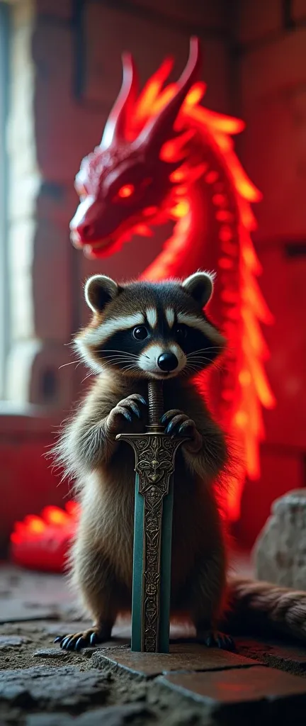 A captivating photograph of a cute, extra fluffy baby raccoon standing upright, holding a sword with intricate designs and symbols. The sword is embedded in a stone base, and the raccoon appears to be in a defensive stance. Behind the raccoon, theres a lar...