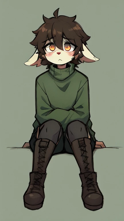 (empty), ((masterpiece)) , ((best quality)), illustration, portrait boy, shorts, sweater with long sleeves and ears, drooping ears, Bored expression, Bright Eyes, boots, black tights, Cute, account, fluffy tousled hair ,weak, check_9, check_8_up, check_7_u...