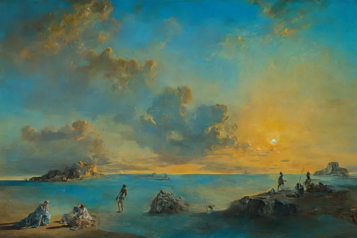 Flow of time by Salvador Dali,Magic,(style of Jean-Antoine Watteau):0.1.       The image is a digital artwork depicting a serene scene on a beach at sunset with three person s., with a small figure standing at the bottom. The image is a captivating depicti...