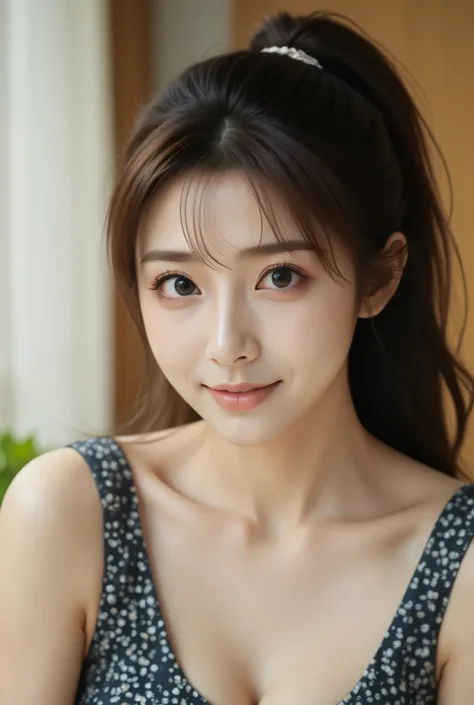 A close-up photo of an East-Asian woman ((with her hair tied in a ponytail))) and smiling.