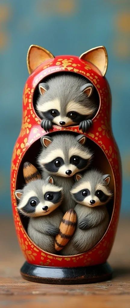 A photo of a 5 piece wooden nesting doll set with a happy family of extra fluffy baby raccoons. The dolls are vibrantly decorated with intricate red and gold patterns. The raccoons faces are detailed, with expressive eyes and a calm demeanor. The dolls are...