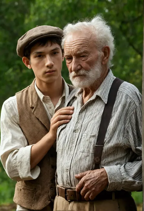 A young man in country clothes with his hand on an old man&#39;s shoulder 