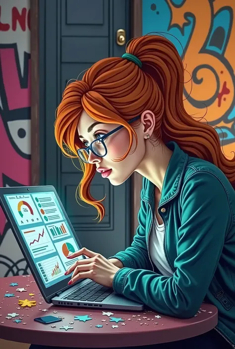 woman with ginger hair, with skin, glasses on the side working with her laptop where data appears on the screen  grafiti style 