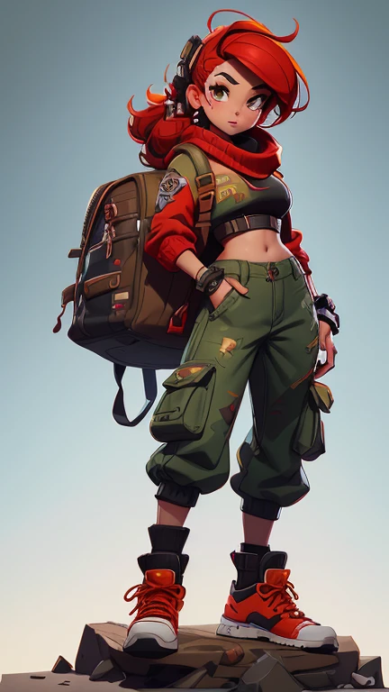 (Best quality, super detailed illustration, warm colors, perfect lighting, more details), (fortnite style), beautiful girl, red and black mixed hair, perfect body, green cargo pants, red mini top, adidas sneakers, fingerless gloves,