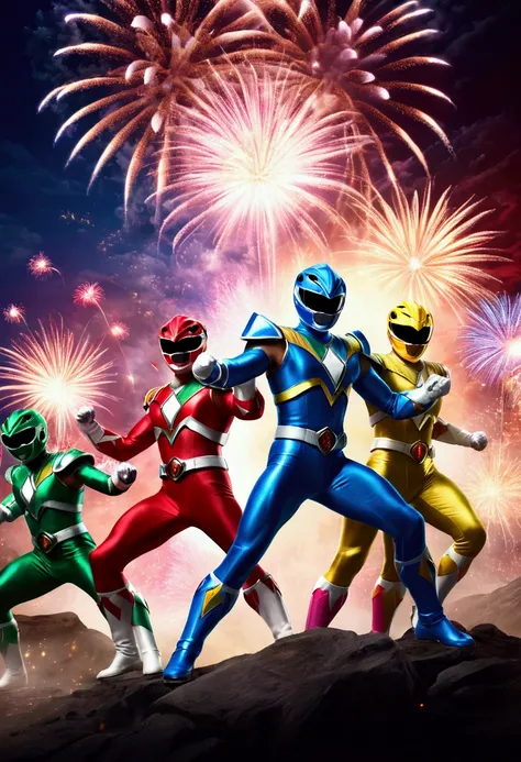 (masterpiece, best quality:1.2), Power rangers fighting enemy soldiers, fireworks background, 
