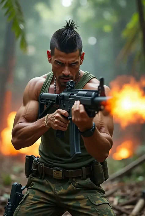 Latin American young muscular fighter shooting with machine gun in jungle firefight, military haircut, army tank top, dog tag, army pants in jungle stripes camouflage, jungle combat boots, angry facial expression, fire coming out of gun, explosions in back...