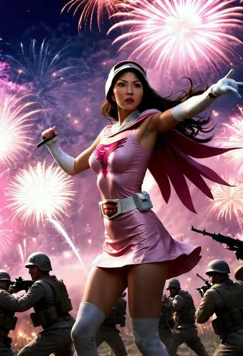 (masterpiece, best quality:1.2), woman fighting enemy soldiers, wearing pink costume, fireworks background, Hi3JTS,