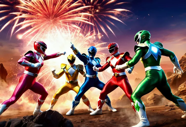 (masterpiece, best quality:1.2), Power rangers fighting enemy soldiers, fireworks background, 
