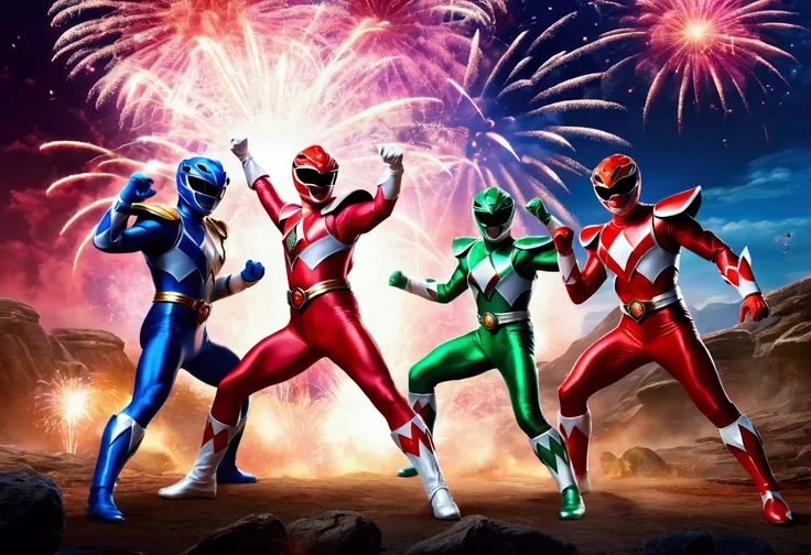 (masterpiece, best quality:1.2), Power rangers fighting enemy soldiers, fireworks background, 
