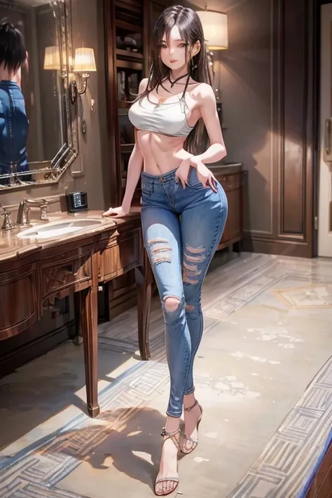 ((masterpiece))，(Detailed)，((whole body))，1girl，girl，pectoral groove，low rise jeans，skinny jeans，Showing butt crack，Waist，cautious smile，Sexy，long hair，sandals