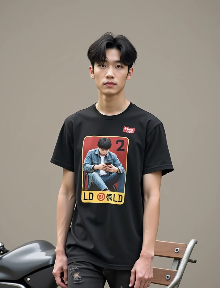 Real photo of Korean artist Jungkook from BTS,clean white body,very handsome face, badan muscle, wearing a tight black and yellow t-shirt with text written on it "LD" small red logo, wearing a black jeans jacket, wearing slightly torn black jeans, brown sp...