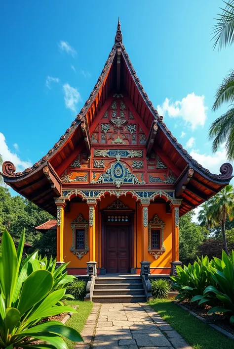 Historic architectural building known as Potre Koneng in Sumenep, Indonesia. It features traditional Madurese design with intricate wooden carvings, high gable roofs and brightly colored exteriors. The surroundings are filled with tropical plants and blue ...