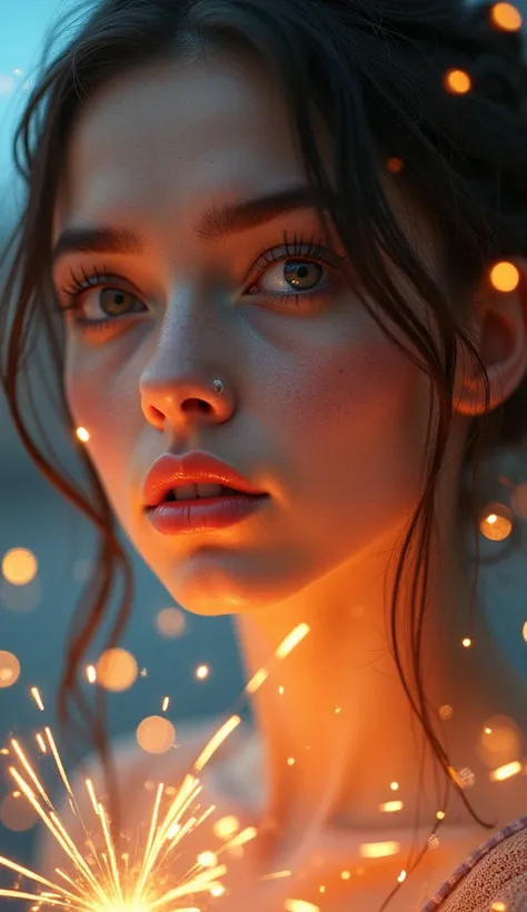 dual exposure, fireworks on first exposure, a young womans face on second exposure, colorful fireworks, detailed facial features, beautiful eyes, detailed lips, long eyelashes, glowing skin, intricate hair, whimsical atmosphere, dramatic lighting, vibrant ...