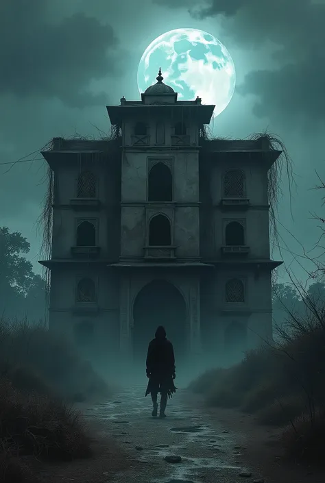 A spooky, ancient haveli stands in the middle of a desolate village. The structure is old and dilapidated, with cracked walls, broken windows, and overgrown vines. The atmosphere is eerie, with a full moon hidden behind dark clouds, casting a faint, ghostl...