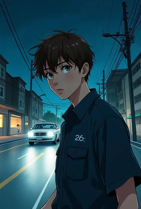 25 year old boy with short brown hair and light eyes, working as a security guard at a school at night, When leaving work he sees a child crossing the street and a car coming towards the child ,  anime style in comics 