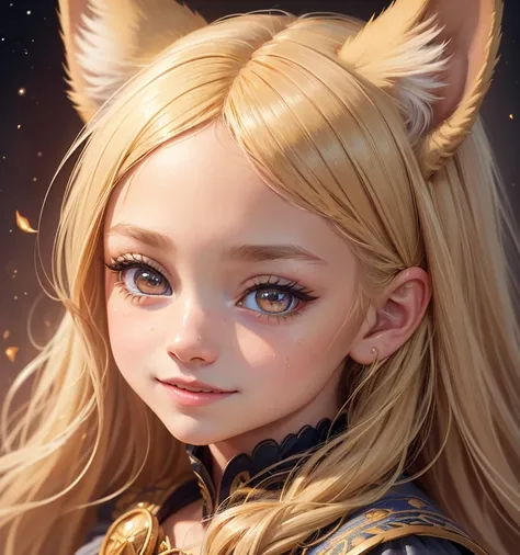 a small young girl with cheerful expression, blonde hair, amber-brown eyes, wolf ears, surrounding cosmic energy, highly detailed face, detailed portrait, beautiful detailed eyes, beautiful detailed lips, extremely detailed eyes and face, long eyelashes, p...