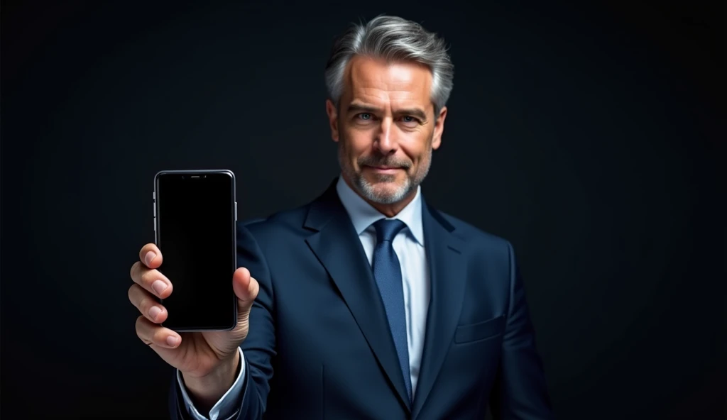 The image shows a confident man in a sharp, dark blue suit, holding up a smartphone towards the viewer. His expression is serious and determined, with an air of professionalism. His hair is neatly styled with streaks of gray, highlighting his mature and au...