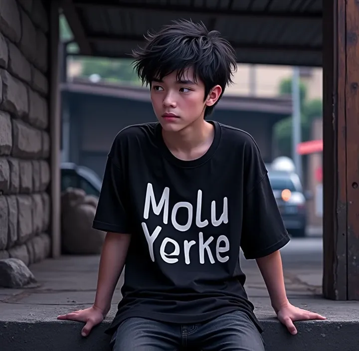 A young man with black hair, wearing a black shirt with white letters, sits on a stone wall.