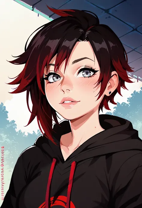 score_9, score_7_up, 1girl, solo, breasts, black hoodie, depth of field, portrait, looking at viewer, grey eyes, ruby rose