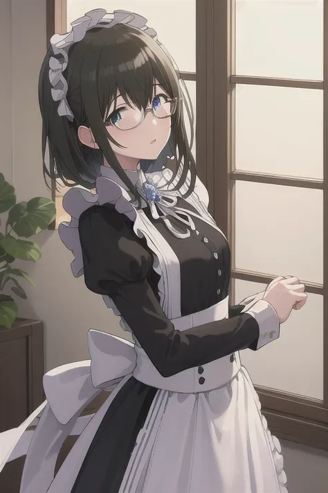 masterpiece, Best Quality, High resolution, Efumika, The Idolmaster, A single strand of hair, Maid headdress, Side Lock, Glasses, frills, brooch, Maid, Black Dress, Puff sleeves, Long sleeve, Maid apron, White apron, indoor, standing, Skirt Hold,