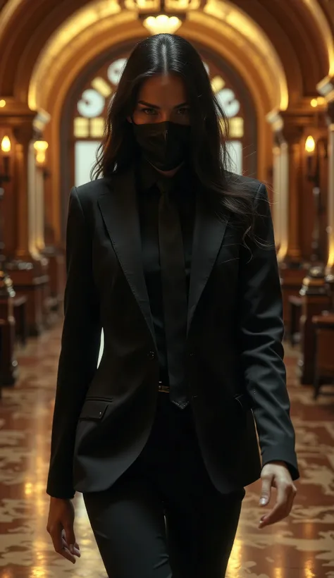 long sleek black hair, sexy eyes, black leather mask covering face and neck, black blazer over black shirt, long black tie, black trousers, stunningly beautiful, narrow waist, robbing a rich mansion, realistic, photorealistic, photo-realistic:1.37, (best q...