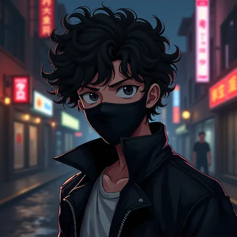 anime gangster boy with curly hair and a black face mask