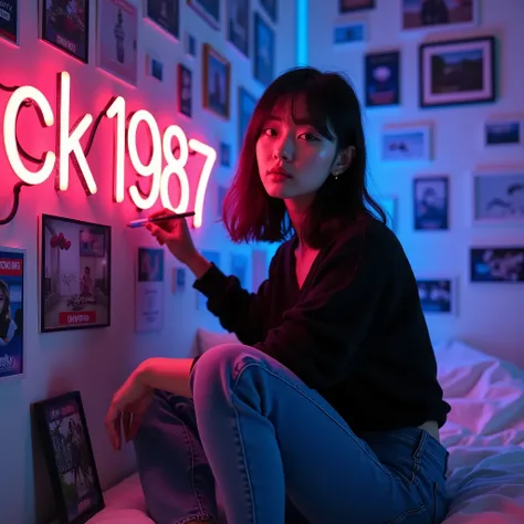 Beautiful Korean girl in black shirt and jeans sits on the bed. She is writing neon font "CK1987" on the wall.she poses dynamically Turn straight ahead with colorful Cyberpunk colors, bedroom background with various photo frames, books and purple neon flex...