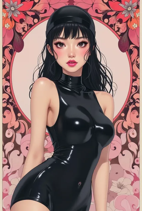 An art nouveau style watercolor image of a slender asian woman in a white rubber swimcap and a shiny black rubber body, high collar, wet hair, pink lipstick. Mesmerizing look. Looking directly at the viewer. Ornamental background in pink and black.