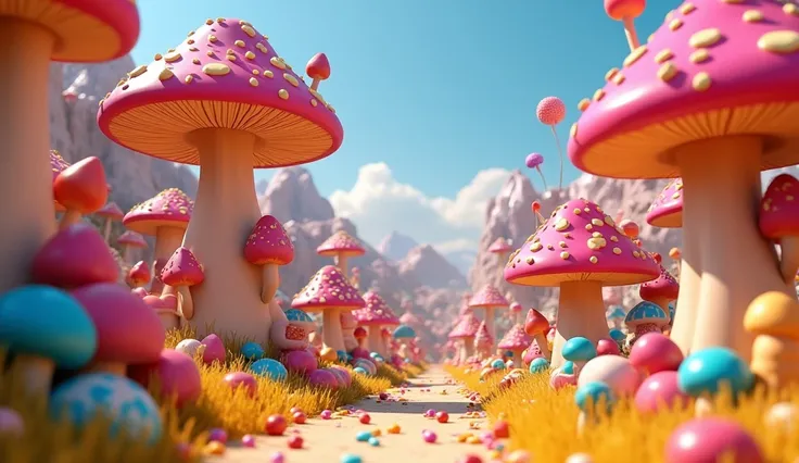 Pixar 3d animation. the camera initiates a deliberate descent from a vantage point high above, offering a panoramic view of an psychedelic mushroom village and mushroom  houses, and cute creatures that live there. From this elevated perspective, the terrai...