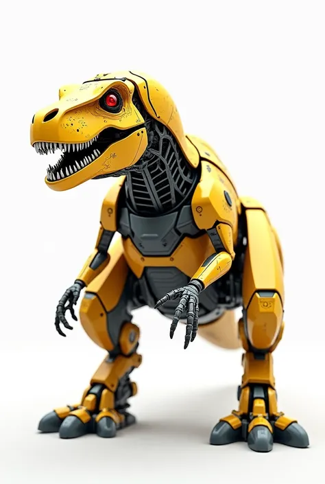 A yellow robotic T-rex on a white background