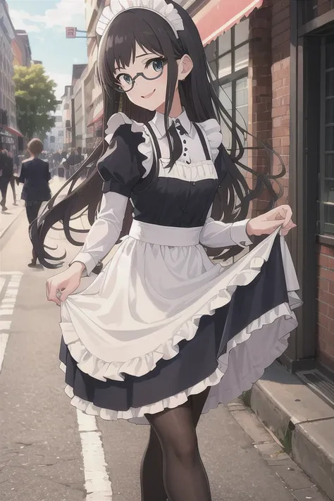 masterpiece, Best Quality, High resolution, The Idolmaster,  Maid headdress, Side Lock, Glasses, frills, brooch, Maid, Black Dress, Puff sleeves, Long sleeve, Maid apron, White apron, bustling street,Running,sunny, standing, Skirt Hold,smile