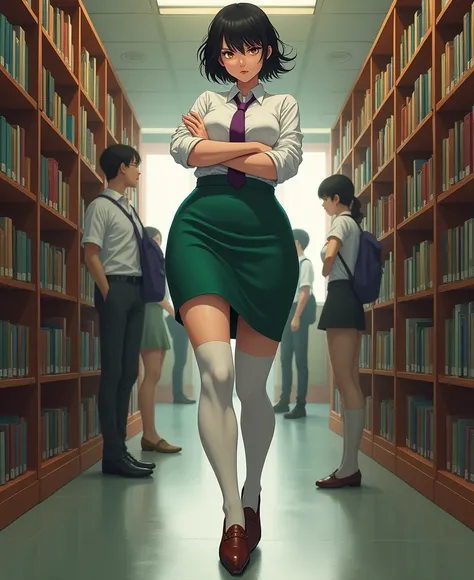 A 39 year old anime style brunette oil woman, To Love Ru, standing in the hallway inside the library with bookshelves with few students around during the day, mide 178 cm, Her measurements are bust 75cm, waist 35cm, cadera 85cm, He has short black hair wit...