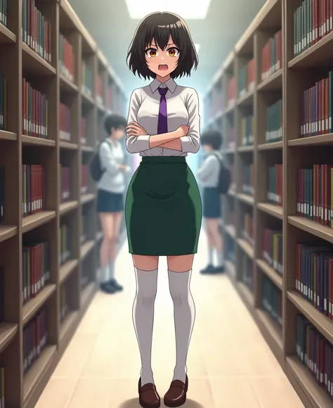 A 39 year old anime style brunette oil woman, To Love Ru, standing in the hallway inside the library with bookshelves with few students around during the day, mide 178 cm, Her measurements are bust 75cm, waist 35cm, cadera 85cm, He has short black hair wit...