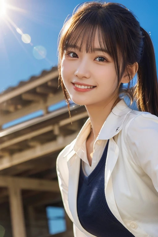 (Best Quality,masterpiece:1.3,Ultra-high resolution),(Super detailed,Caustics,8k),(Realistic:1.4,RAW shooting),1 girl,(Smiling and looking down at the camera),(Front shot:1.1),(Look forward),18 years old,cute,Japanese,short black ponytail,School Uniform,gl...