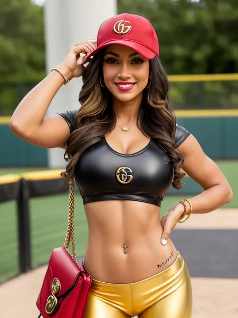 1girl, solo, wavy hair, amber-colored irises, tan-bronze skin, a mature and alluring woman in her mid-40s, she’s a Latino woman from Colombia, shes a baseball fan, red lipstick, mascara is applied to her face. (Carrying a handbag:1.3). (Wearing: Red baseba...