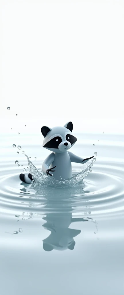 A 3D render of a water droplet in the shape of a raccoon. The droplet is bouncing away from a splash of water on a white surface. The background is minimalistic, with subtle ripples in the water. The overall image has a serene and thought-provoking atmosph...