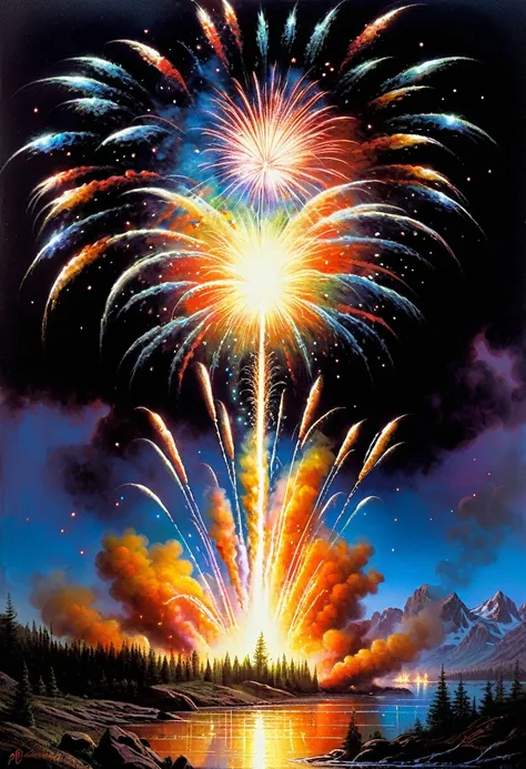 Fireworks, by Bob Eggleton.
best quality, masterpiece, intricate details, ultra-detailed