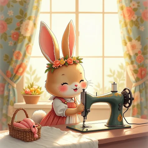 a happy sunny cartoon delicate watercolor,super cute happy bunny with a sewing machine,full body with paws view,vintage costume,funny,cute,super cozy,flowers on head,bask in sunlight,intricate floral pattern,soft pastel colors,whimsical,delicate brushstrok...