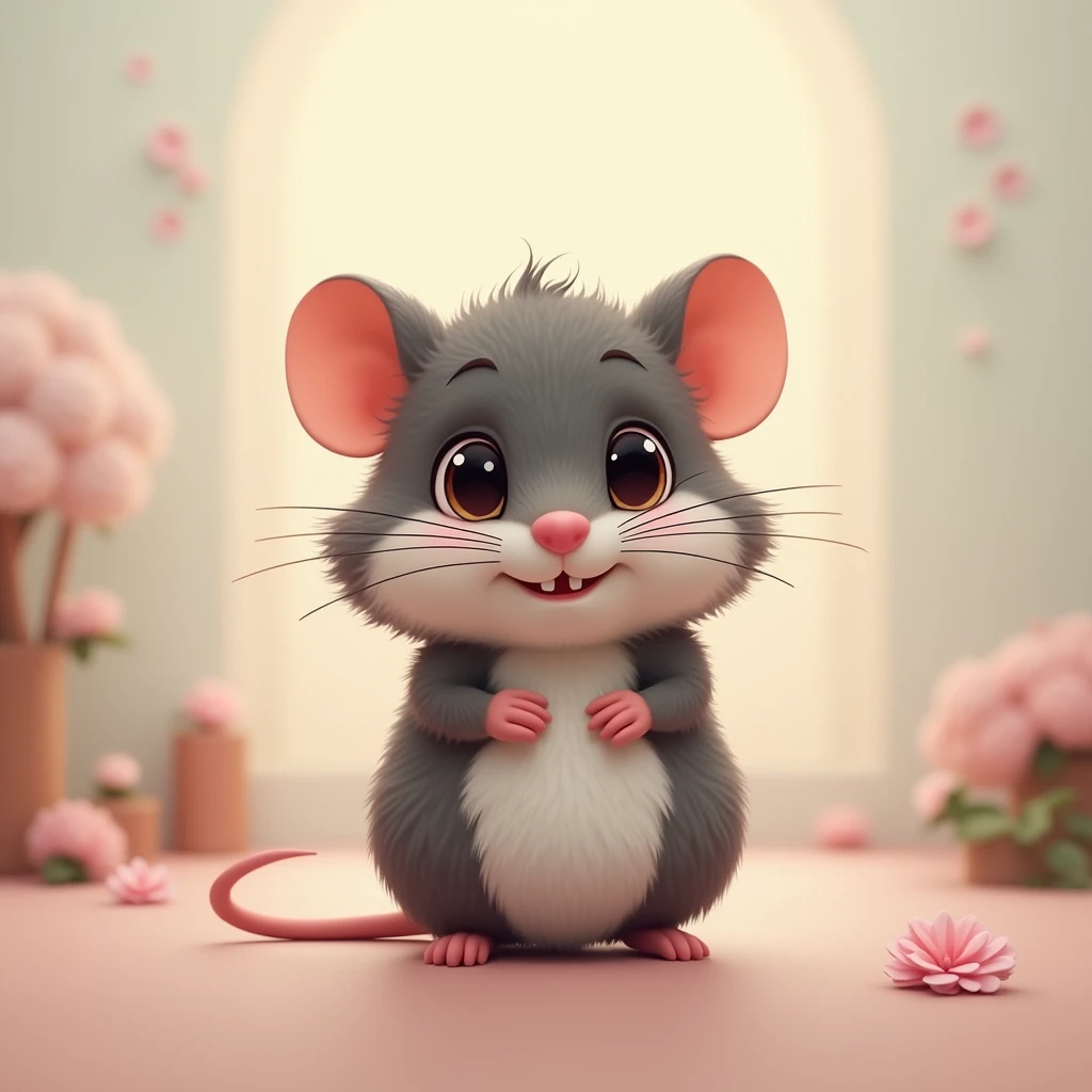 A small fluffy mouse with prominent whiskers, large round ears, light brown center transitioning to dark edges, white highlights, grayish-brown, black and white fur, expressive dark features, whimsical illustration, masterpiece, photorealistic, hyper detai...