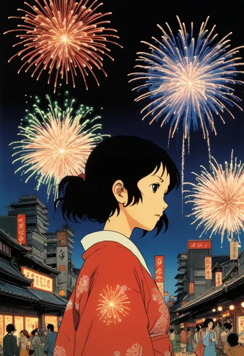 Fireworks, Summer Festival eve, asl, by Satoshi Kon.
best quality, masterpiece, intricate details, ultra-detailed