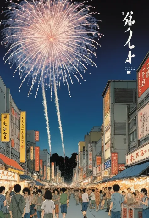 Fireworks, Summer Festival eve, asl, by Naoki Urasawa.
best quality, masterpiece, intricate details, ultra-detailed