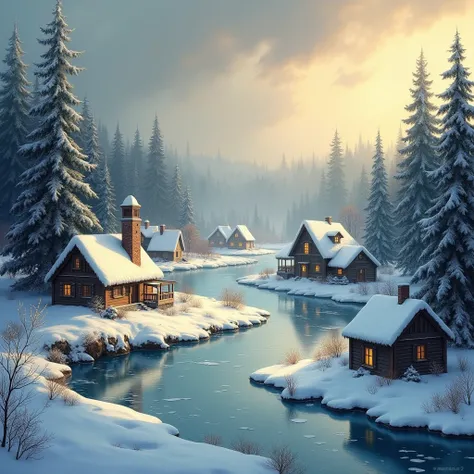 a winter landscape, a village on the riverbank, oil painting, detailed winter scenery, snow-covered houses, frozen river, pine trees, overcast sky, warm lighting, cozy atmosphere, beautiful scenery, photorealistic, 8K, highly detailed, masterpiece, cinemat...