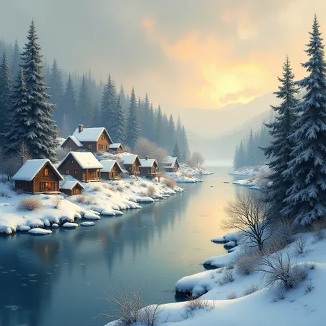 a winter landscape, a village on the riverbank, oil painting, detailed winter scenery, snow-covered houses, frozen river, pine trees, overcast sky, warm lighting, cozy atmosphere, beautiful scenery, photorealistic, 8K, highly detailed, masterpiece, cinemat...