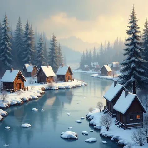 a winter landscape, a village on the riverbank, oil painting, detailed winter scenery, snow-covered houses, frozen river, pine trees, overcast sky, warm lighting, cozy atmosphere, beautiful scenery, photorealistic, 8K, highly detailed, masterpiece, cinemat...