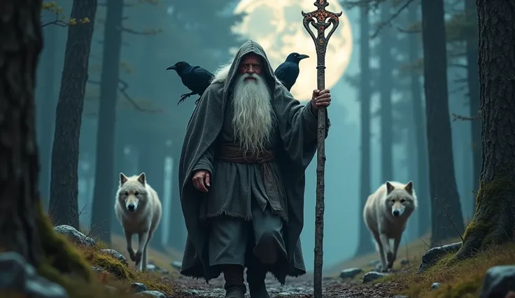 Create an ultra-realistic, full-body depiction of Odin as an elderly wandering traveler with a long, white beard, braided in Viking style, and long white hair flowing from under a hooded robe. He wears an eyepatch over one eye and holds a long walking staf...