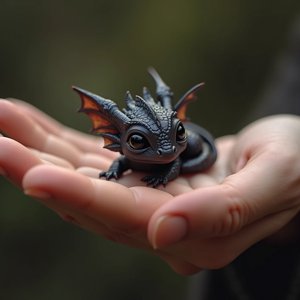 Photorealistic, 34k, A micro baby black dragon perched on a human palm