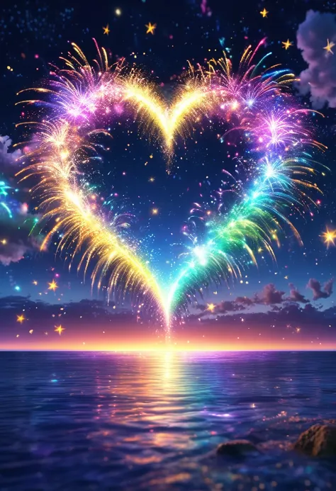 colorful multi-layered heart shape glowing effect，complex light splashes on the starry sky with reflections on the sea，depth of ...